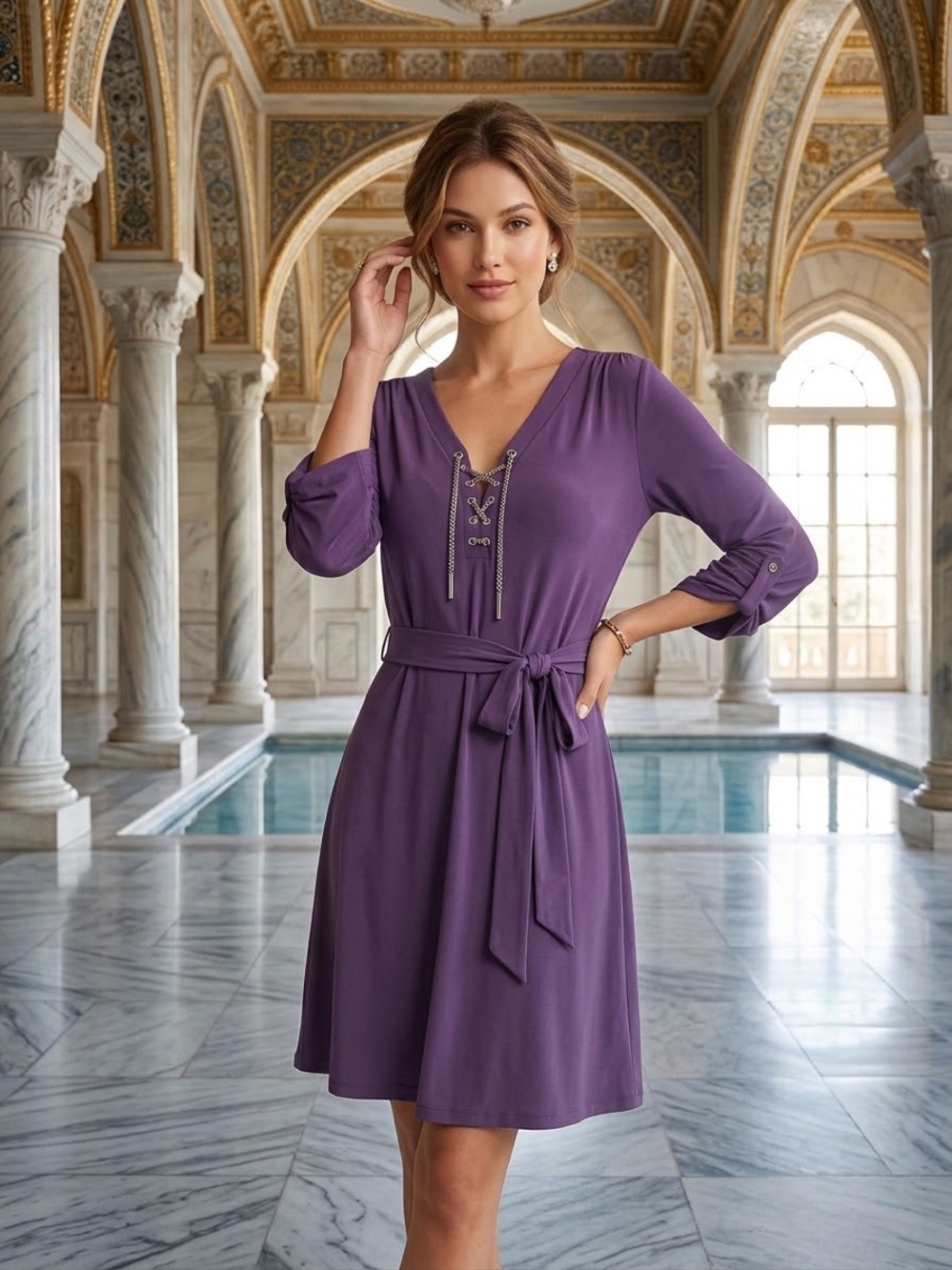 Michael Kors Purple Lace-Up Belted Knit Mini Dress